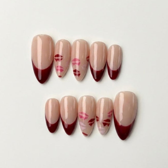Set of nail art designs with red and beige gradient on a white background