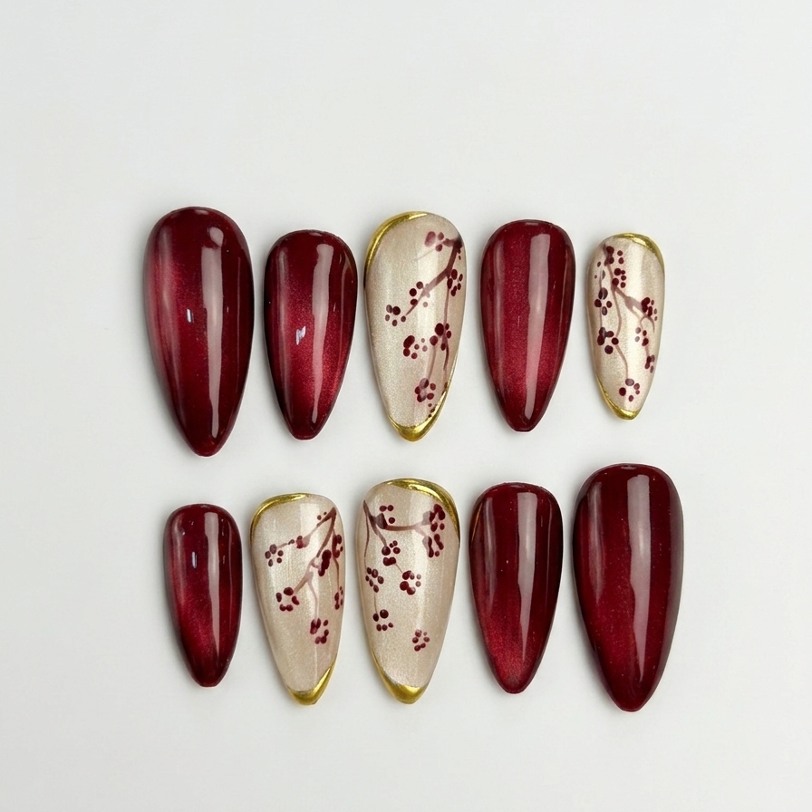 Set of maroon and beige nail designs on a white background