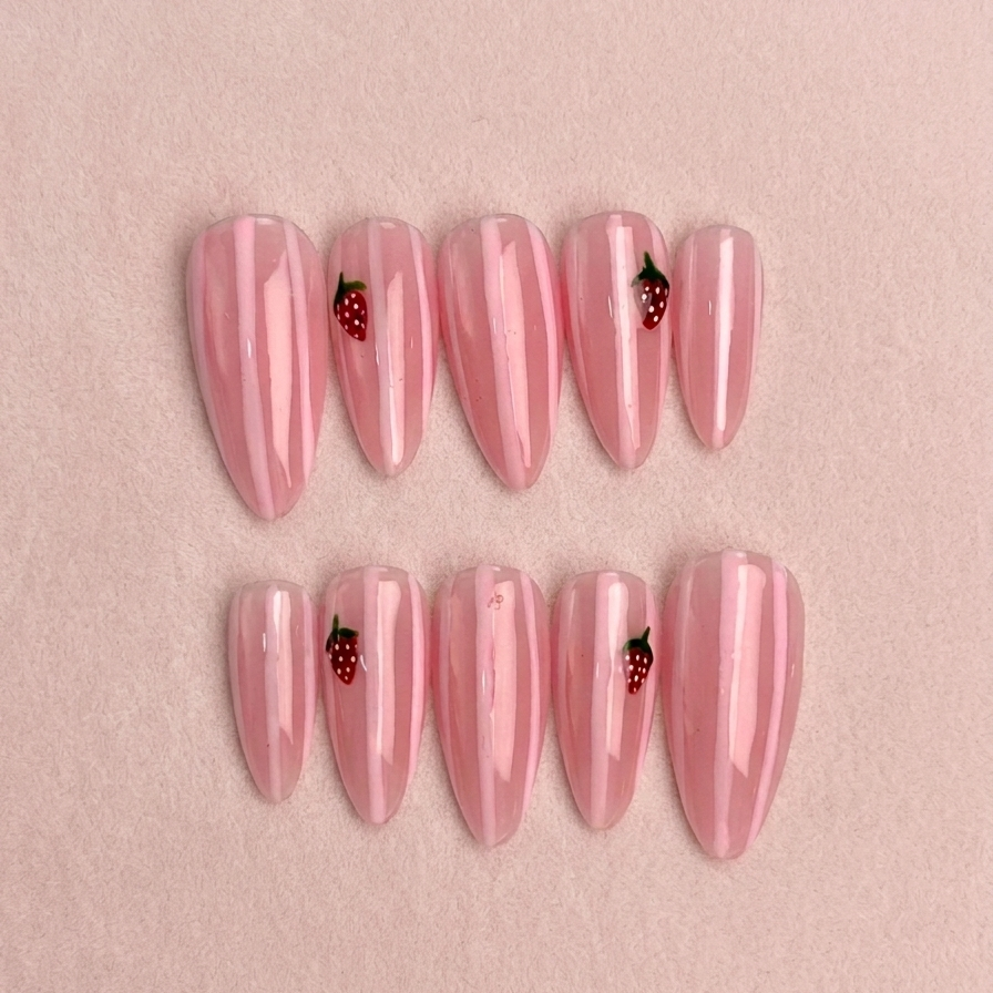 Set of pink nail extensions with strawberry design on a beige background